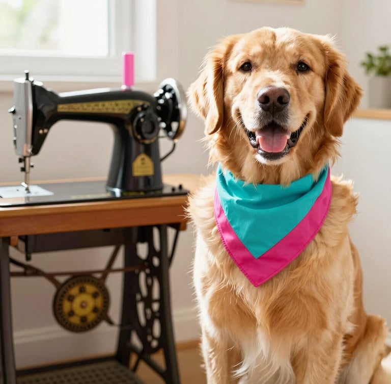 Bright high-key pet photography, warm natural daylight, vibrant saturated colors, shallow depth of field, 35mm. A joyful golden retriever wearing a vibrant teal and magenta handmade bandana, sitting next to a classic sewing machine in a sunlit room.