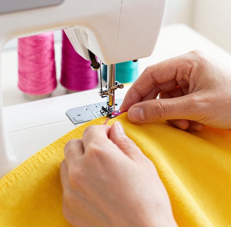 Bright high-key photography, warm natural daylight, vibrant saturated colors, 35mm. Close-up of hands carefully guiding bright yellow fabric through a sewing machine, colorful magenta threads in the background, sharp focus on the artisanal stitching.