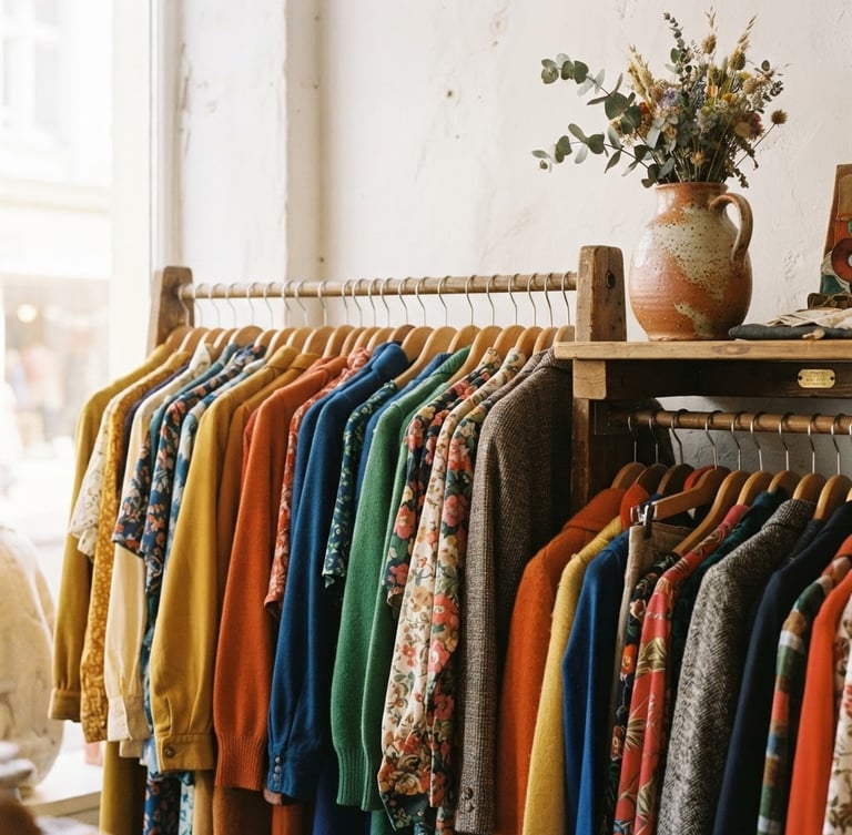 A close-up of a neatly arranged rack of vintage colorful clothing and a rustic ceramic vase on a wooden shelf nearby, bright natural daylight streaming in, warm realistic tones