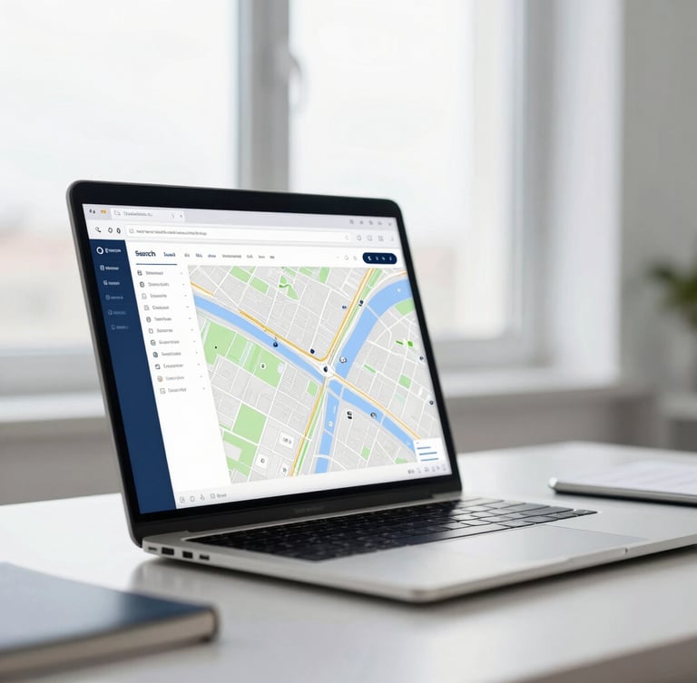 A clean modern workspace with a laptop displaying a local search map, bright natural window light, soft corporate navy tones, shallow depth of field