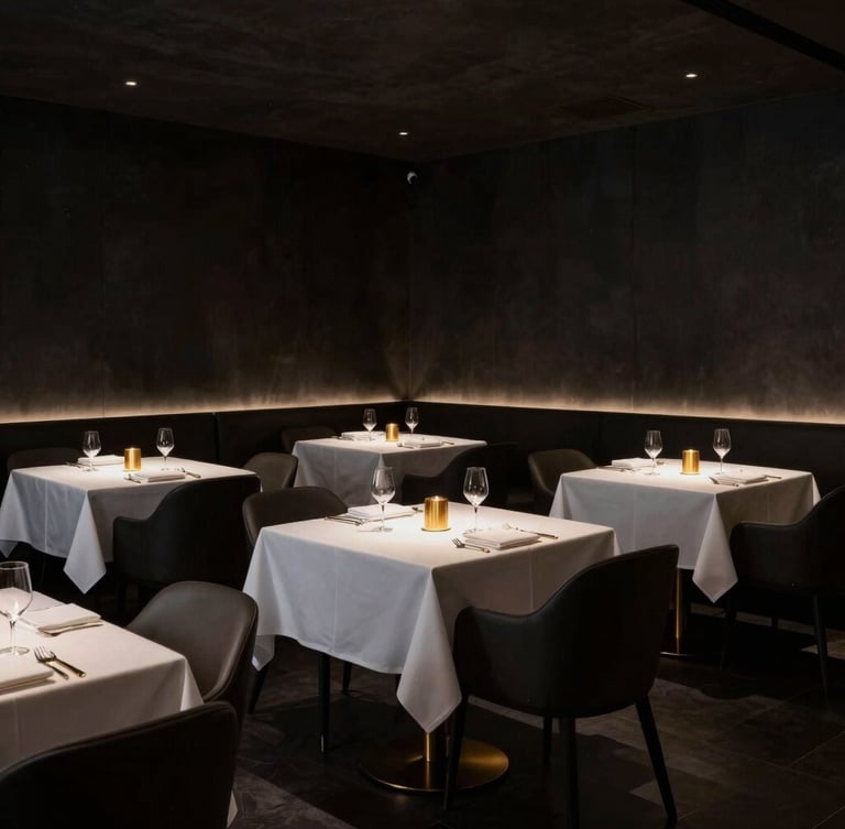 Dark dramatic interior of a twenty-four seat minimalist restaurant, low-key side lighting, sharp architectural lines, empty tables with crisp white linens and gold accents, 50mm lens