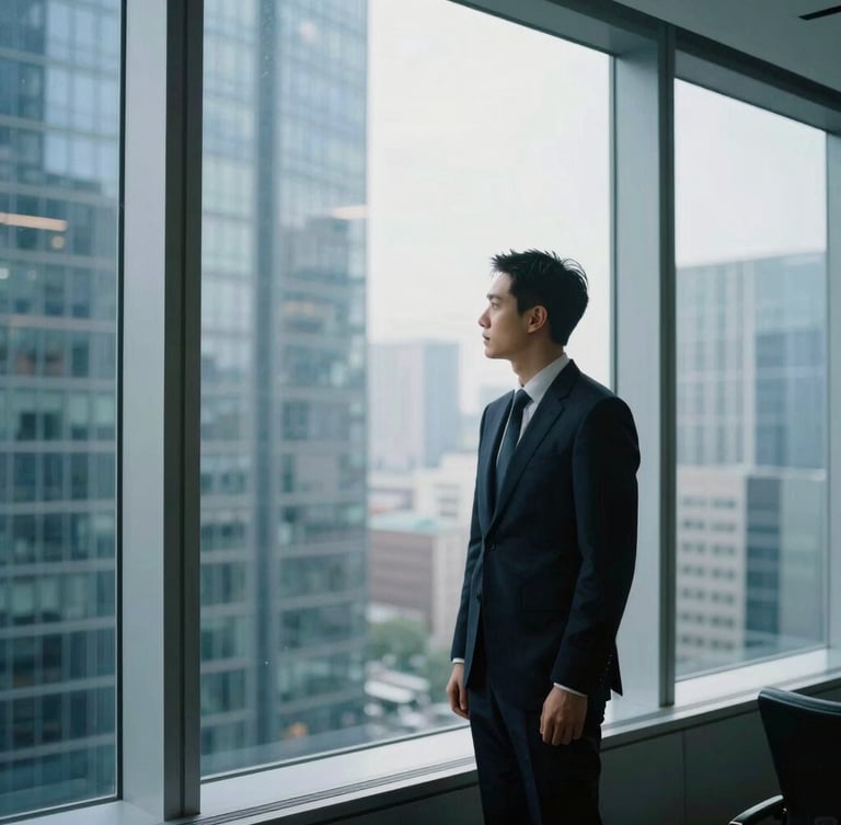 Professional lawyer in a modern, minimalist corporate office, looking thoughtfully out a large window at a city skyline, cool tones, natural light, non-staged, 35mm