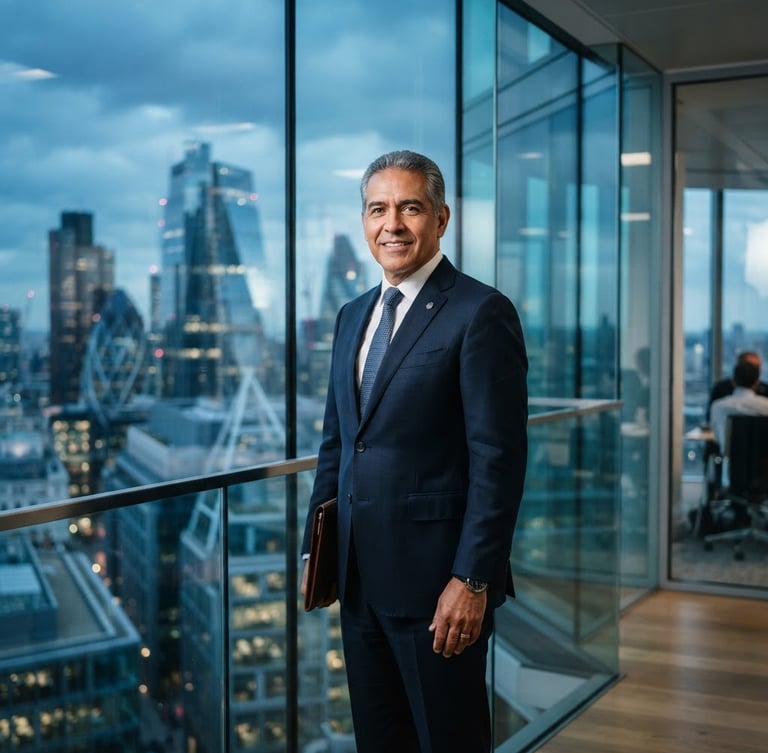 Retrato corporativo de un abogado sénior, de pie en un entorno moderno de oficina con luz natural y arquitectura de vidrio, con un enfoque nítido en el profesional y un fondo suavemente desenfocado de la ciudad, tonos fríos.