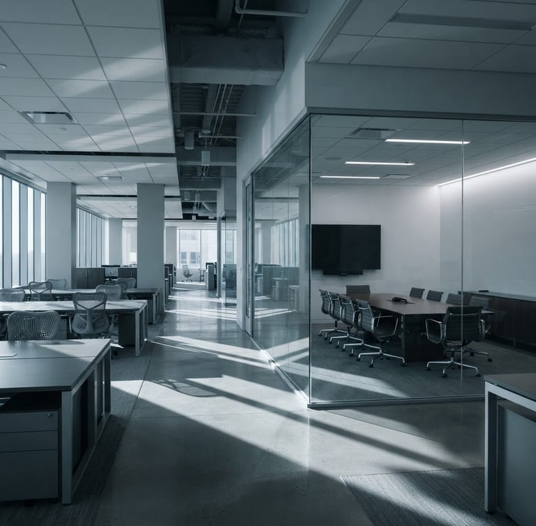 Wide shot of a modern corporate office interior, sharp diagonal lines of light and shadow, a glass-walled conference room in the right third, empty and pristine, cool morning light, desaturated slate and blue tones, architectural framing, 35mm.