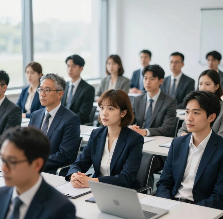 Medium-close shot of a diverse group of professionals actively participating in a high-level seminar, seated at a modern conference table, bright natural daylight streaming through large windows, deep blue and clean white tones, sharp focus, editorial 35mm.