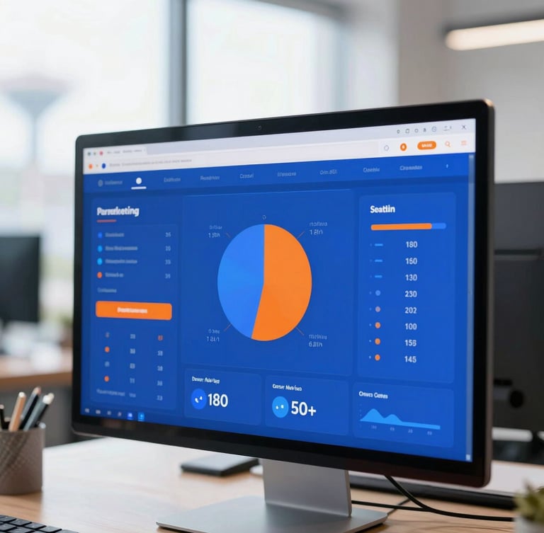Close-up of a digital marketing performance dashboard on a sleek monitor in a bright Seattle office, soft natural light, sharp focus