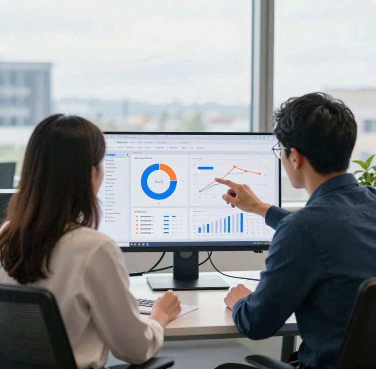Medium shot of two marketing strategists analyzing a performance dashboard on a screen in a bright Seattle office, soft overcast daylight, modern workspace, 35mm lens.