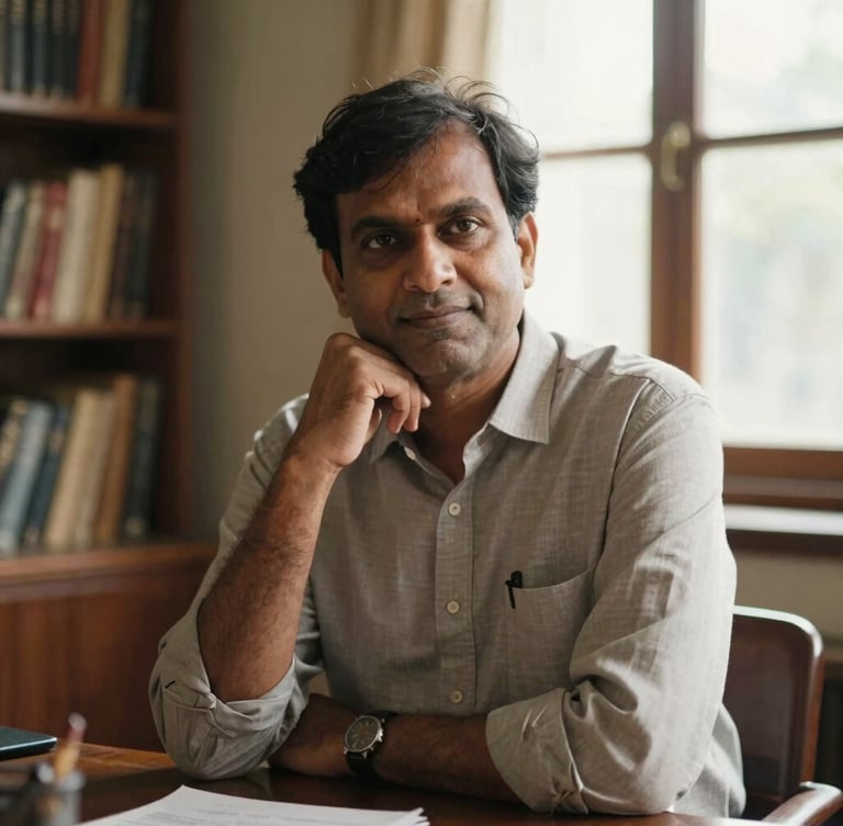 Warm editorial 35mm portrait of an Indian professor in a thoughtful pose, sitting in a home office filled with books, soft natural window light, rich academic tones, shallow depth of field