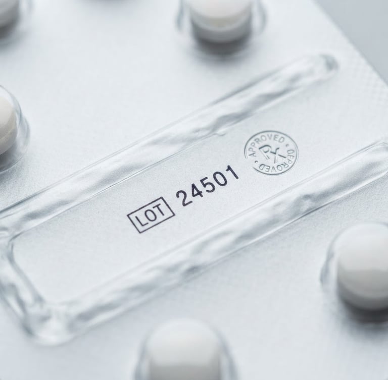 Macro shot of sealed pharmaceutical packaging with a clear lot number and regulatory stamp, sterile white and cool gray tones, bright studio lighting, sharp focus.
