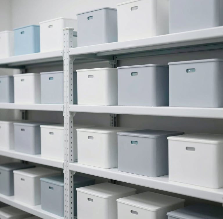 Clean warehouse shelves with organized temperature-controlled shipping containers, sterile blue and gray accents, bright neutral lighting, sharp focus.