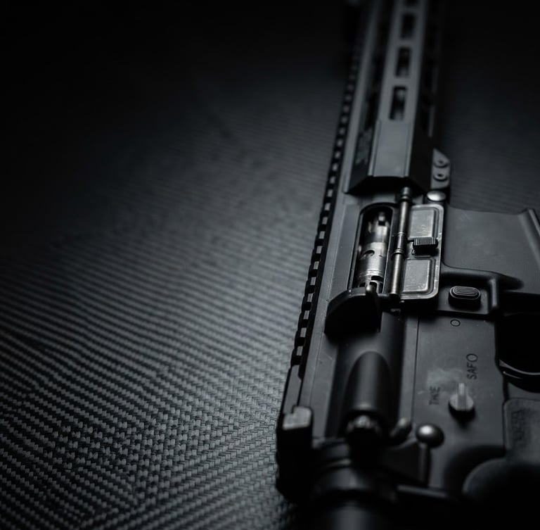 High-contrast macro shot of a modern black tactical rifle on a dark carbon fiber surface, sharp side-lighting, metallic highlights, 50mm lens, wide frame, right third.