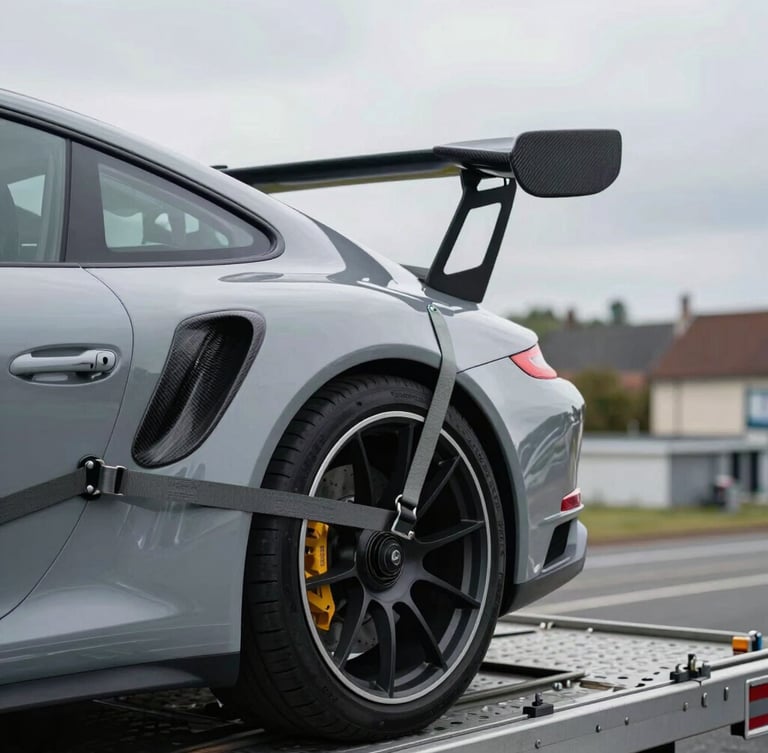 Extreme close-up of a Porsche 911 GT3 secured with heavy-duty tension straps on an open vehicle transporter, overcast cool-toned European daylight, sharp focus on the carbon fiber wing and rear tire.