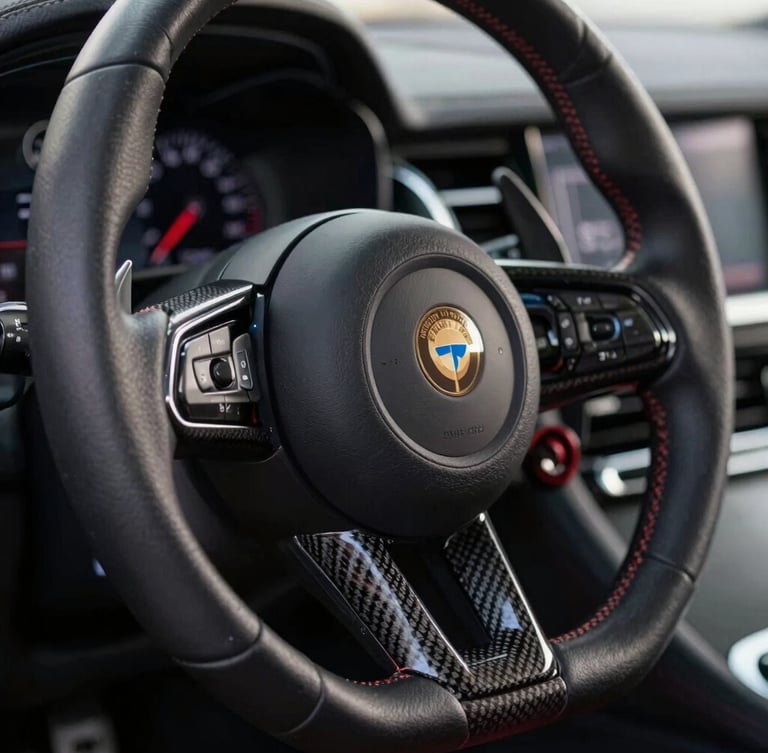 Extreme close-up of a clean modern German sports car steering wheel, high-contrast studio lighting, leather and carbon fiber textures, shallow depth of field.