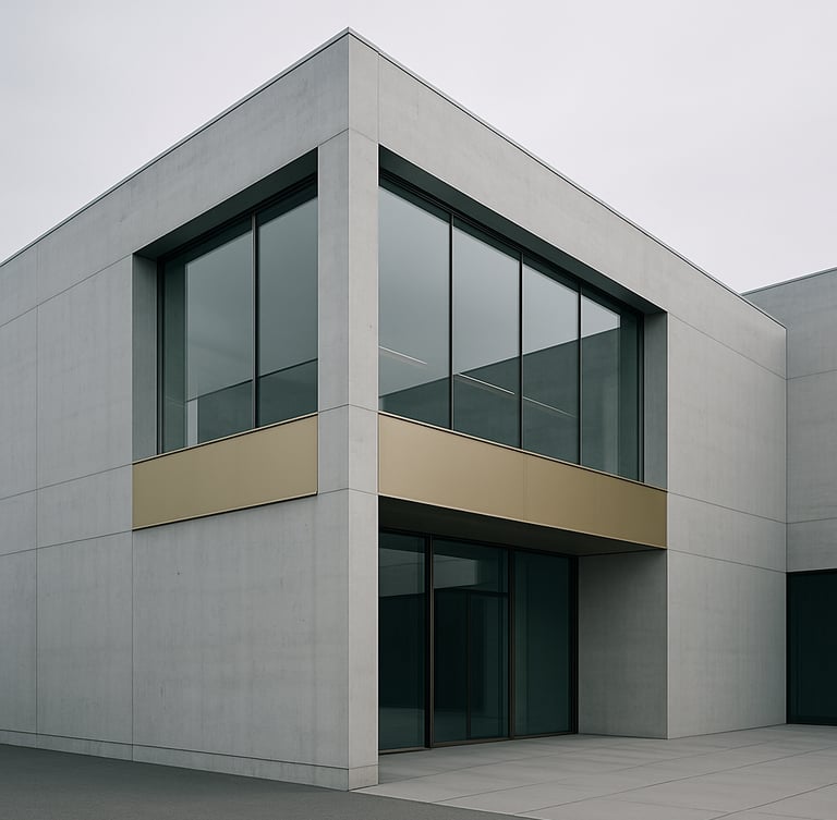 Minimalist Swiss architecture, sharp concrete and glass facade, soft overcast daylight, clean lines, professional wealth management atmosphere
