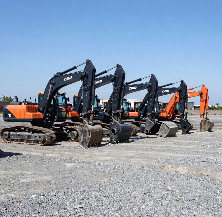 Wide shot of a fleet of certified heavy construction machinery lined up on a gravel field, bright Chilean daylight, high-contrast industrial editorial photography.