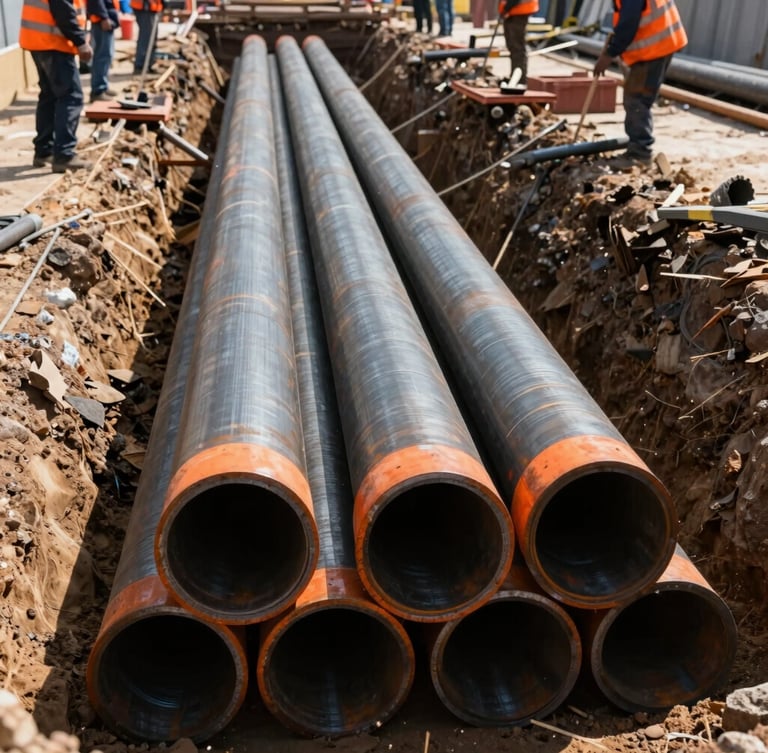 Close-up of industrial steel pipes being laid into a deep trench, construction workers in safety vests guiding the process, bright sunlight, sharp focus