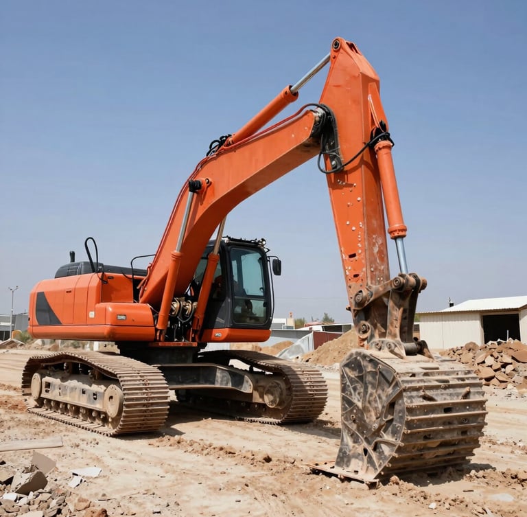 Low-angle dynamic shot of a heavy orange excavator operating on a dusty civil works site in Chile, bright high-contrast daylight, sharp focus on the hydraulic arm