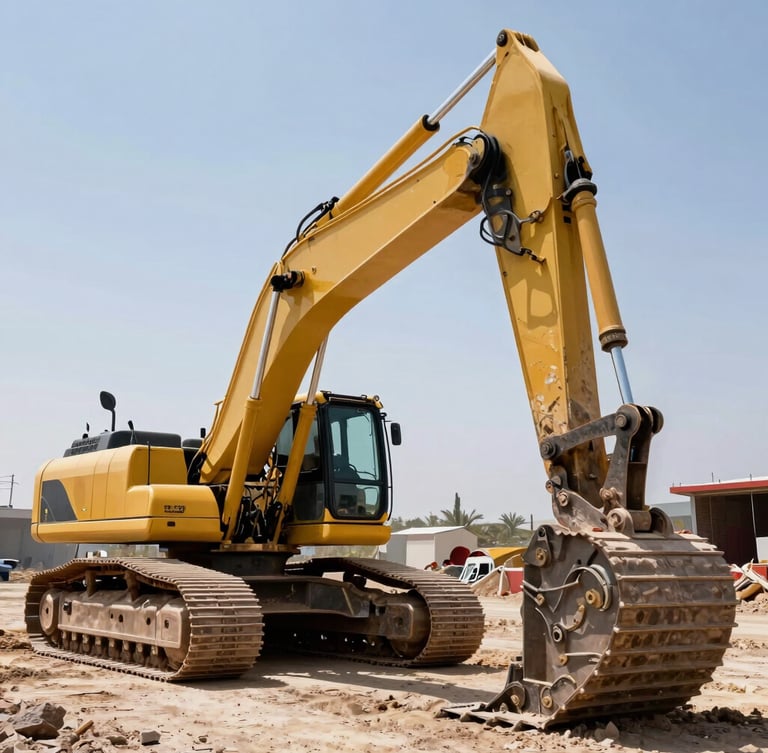 Low-angle dynamic shot of a massive yellow excavator operating on a Chilean civil works site, bright daylight, high-contrast shadows, sharp focus on mechanical arm.