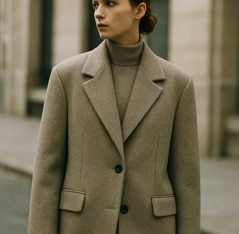 Dynamic medium shot of a model in high-fashion street style wearing a structured wool coat, natural daylight, desaturated neutral tones, 35mm film look