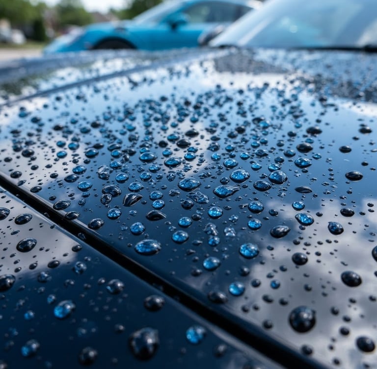 Close-up of water bead detailing on a polished black hood, crisp outdoor daylight, electric baby blue reflections, sharp focus, 35mm lens