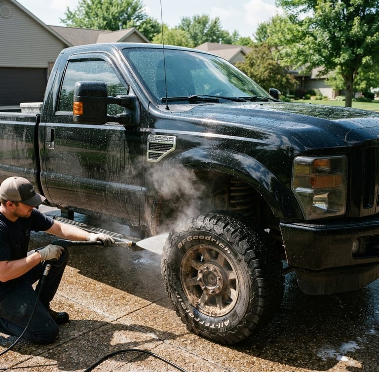 Crisp automotive photography of a rugged black pickup truck parked in a sunny Grass Lake driveway, high-pressure steam cleaning the wheel wells, water beading on the glossy hood, sharp focus, 35mm lens