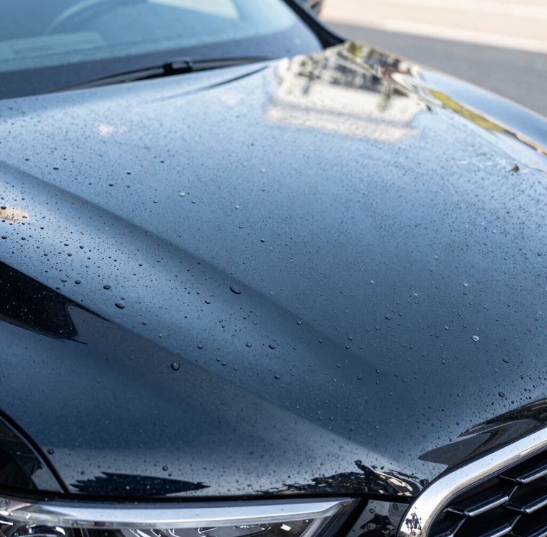Macro shot of water beading perfectly on a freshly waxed black car hood, crisp daylight highlighting the sharp reflections, professional detailing finish.