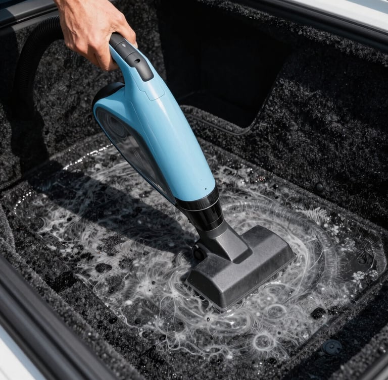 A professional detailer using a steam extractor on a dirty car carpet, half-clean and half-dirty contrast visible, high-contrast lighting.