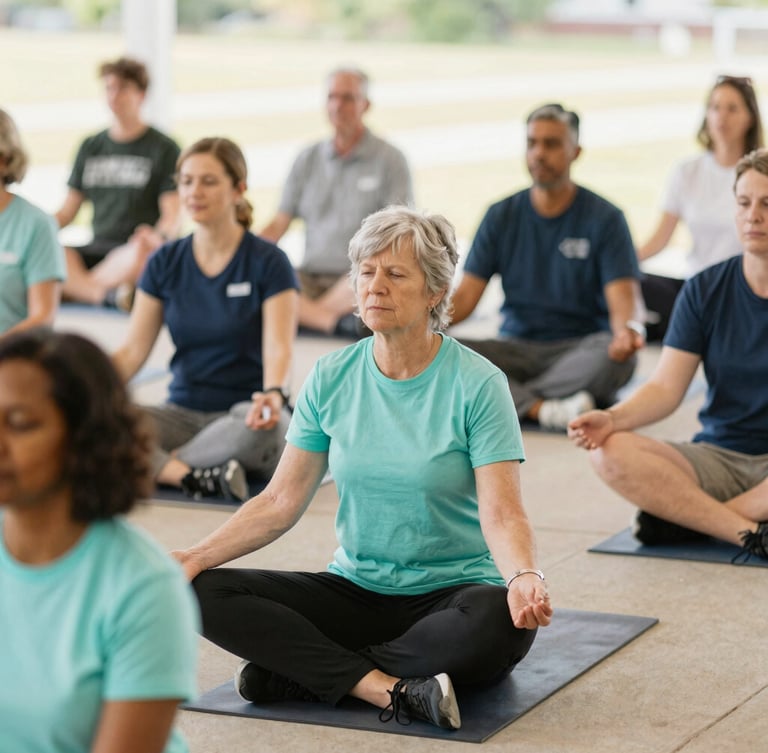 Candid medium shot of a diverse group of Ohio residents participating in an outdoor wellness seminar, bright natural daylight, warm editorial style, 35mm
