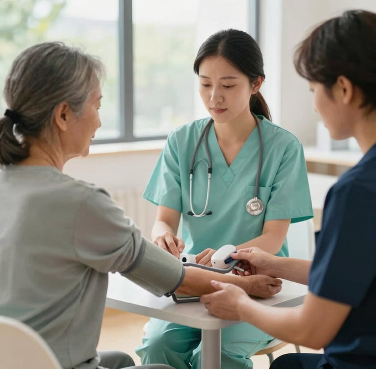 A modern healthcare professional conducting a gentle blood pressure check for an older patient in a bright community space, soft window lighting