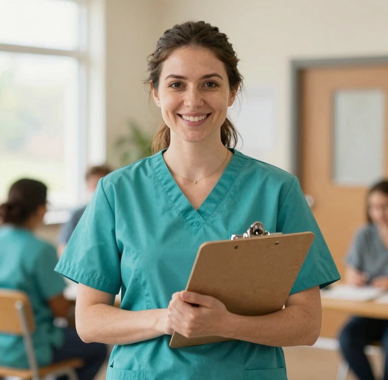 Medium environmental portrait of a smiling female nurse in teal scrubs holding a clipboard in a sunlit Ohio community center, warm natural lighting, soft focus background