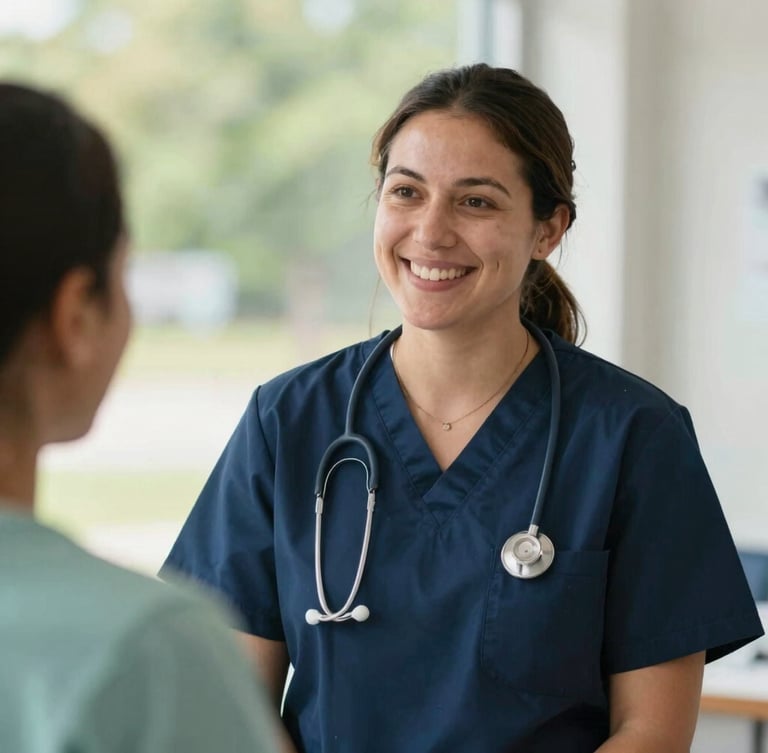 Bright natural daylight environmental portrait of an Ohio community nurse smiling warmly during a local clinic visit, soft teal tones, genuine community focus, 35mm