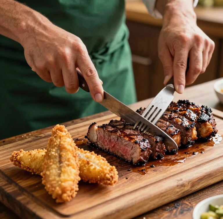 Close-up of a chef carving a perfectly grilled churrasco (Brazilian barbecue) on a rustic wooden board, alongside golden fried fish fillets, warm kitchen lighting, shallow depth of field.