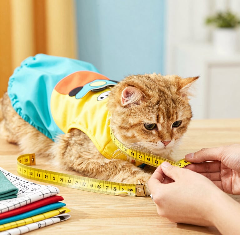 Close-up of hands measuring a fluffy golden cat with a yellow tape measure, colorful fabrics and sewing patterns on a wooden table, warm natural light