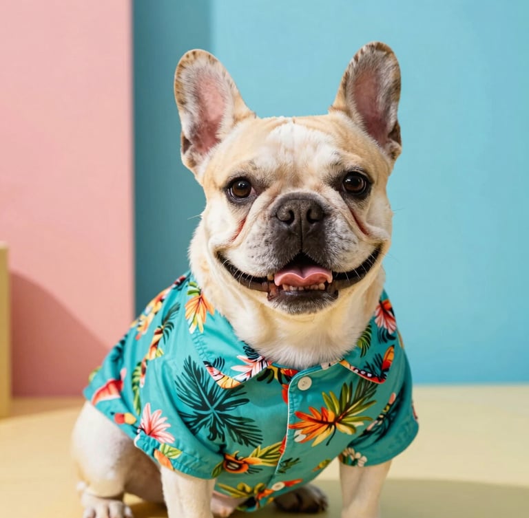 Eye-level portrait of a happy French Bulldog wearing a vibrant teal tropical shirt, bright natural daylight, colorful studio backdrop