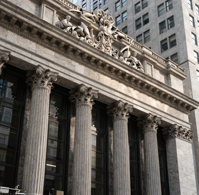 Wide architectural detail of a classic stone facade in San Francisco's financial district, soft morning light casting gentle shadows, clean lines, editorial framing.