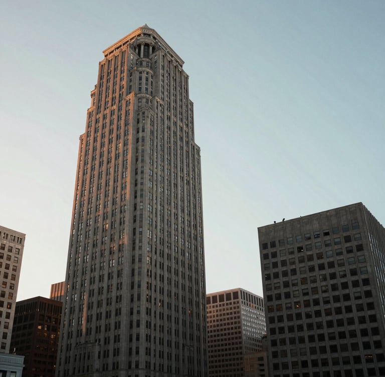 Quiet, architectural detail of San Francisco financial district high-rises under soft, indirect morning light with generous sky and negative space.