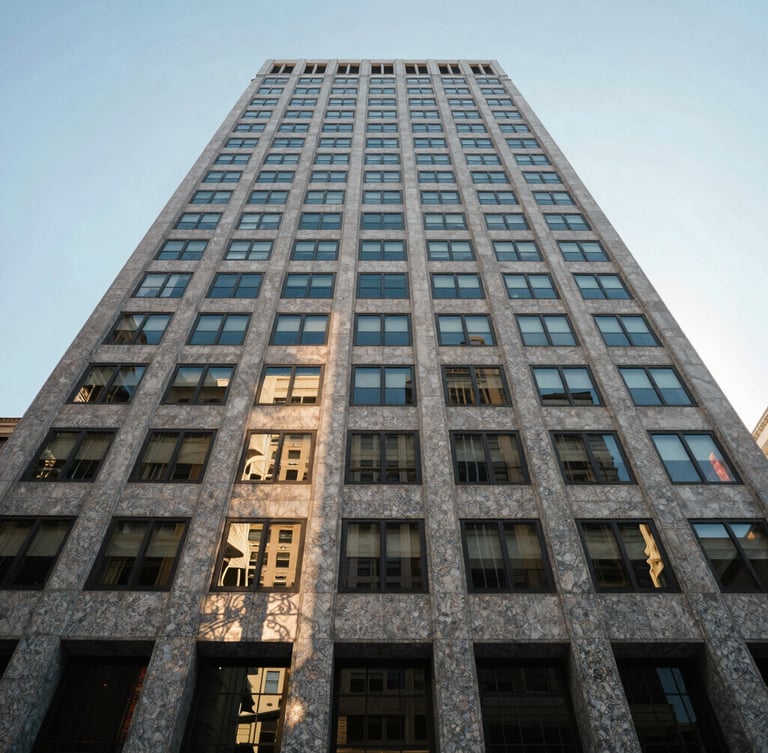 Soft morning light reflecting off the clean granite facade of a San Francisco financial district building, expansive sky framing the upper third.