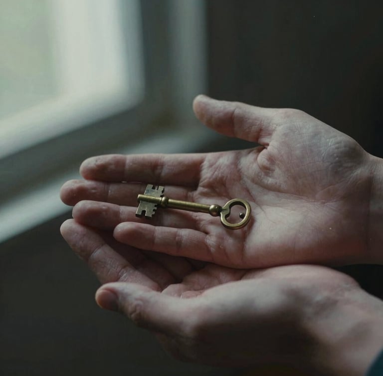 Close-up of weathered hands holding a small, old brass key under soft side-shadows, dark background, cinematic film grain