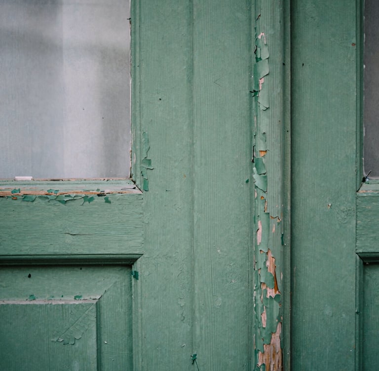 Close-up portrait of peeling green paint on a weathered wooden door, soft overcast daylight, high contrast, fine textures, cinematic 35mm film grain, muted tones.