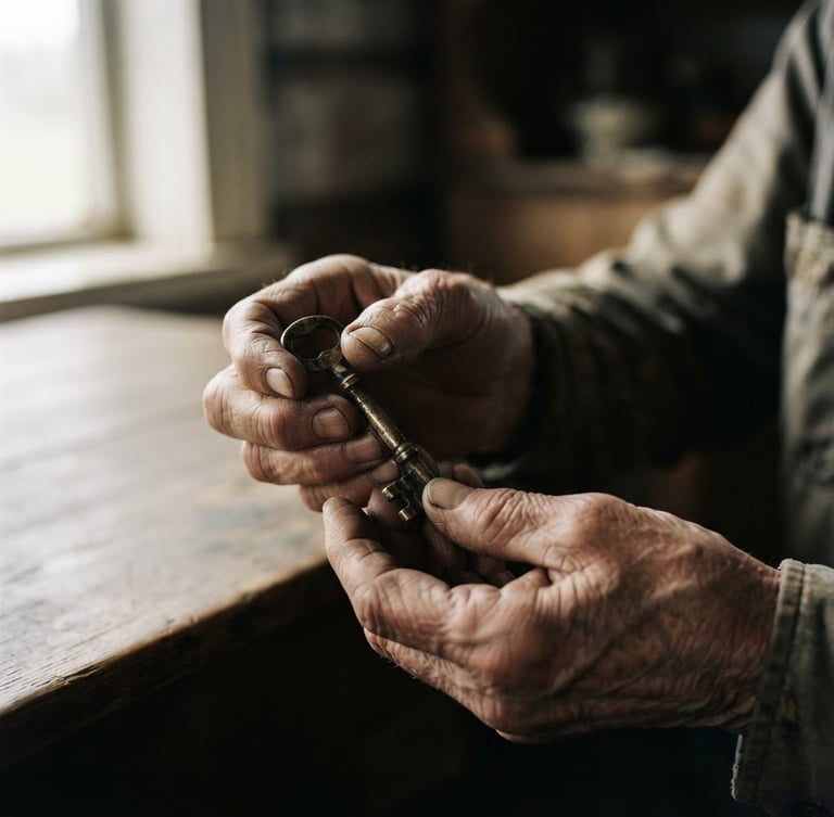 Cinematic film photography, dramatic side-shadows, a close-up of wrinkled hands holding a weathered brass key, soft natural window light, 35mm grain.