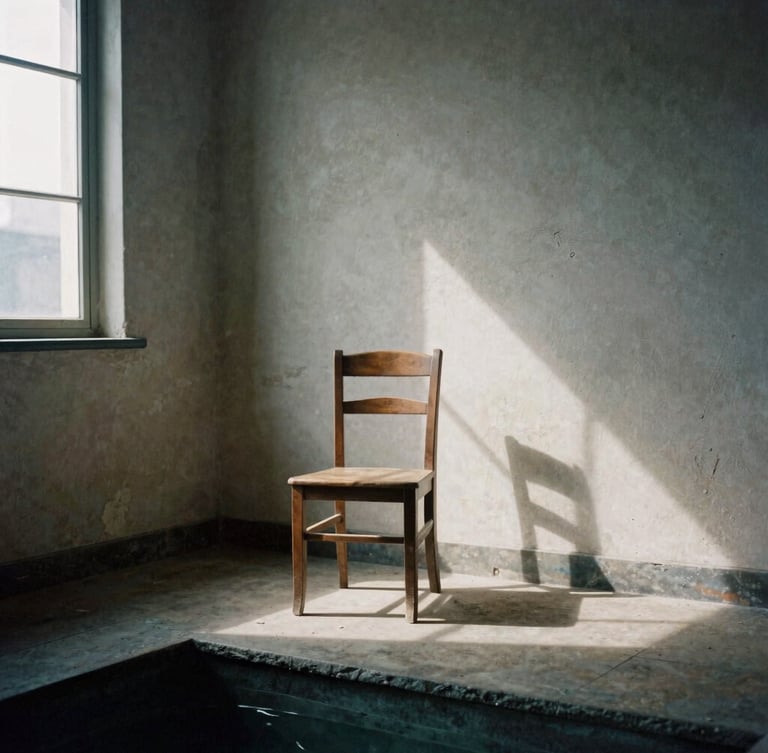 Cinematic film photography of a solitary wooden chair sitting in a pool of dramatic side-shadows from a tall window, weathered plaster wall, 35mm grain