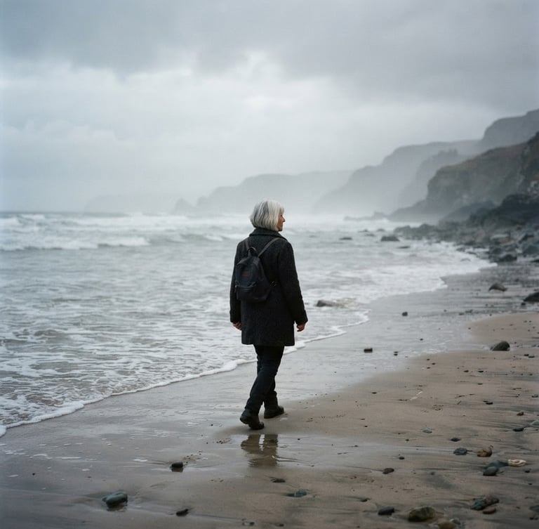 Cinematic film photography, soft natural daylight, a solitary figure with silver hair walking along a misty shoreline, distant horizon, muted desaturated tones, 35mm grain.