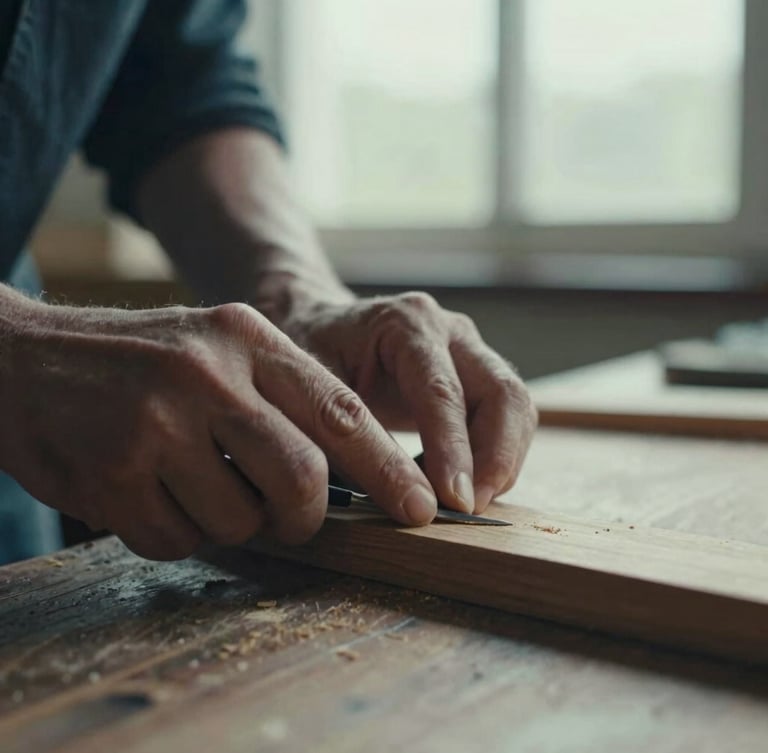 Close-up of weathered hands carving wood on a rustic workbench, natural overcast daylight, soft textures, cinematic film photography, 35mm grain