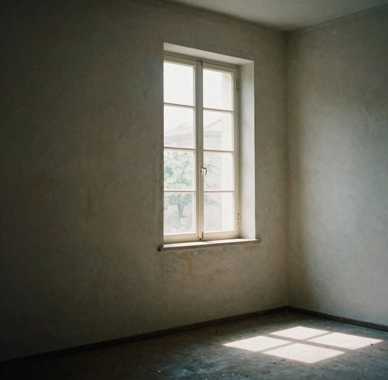 An empty room with weathered plaster walls, dramatic natural light streaming through a single tall window, casting long shadows, soft film grain