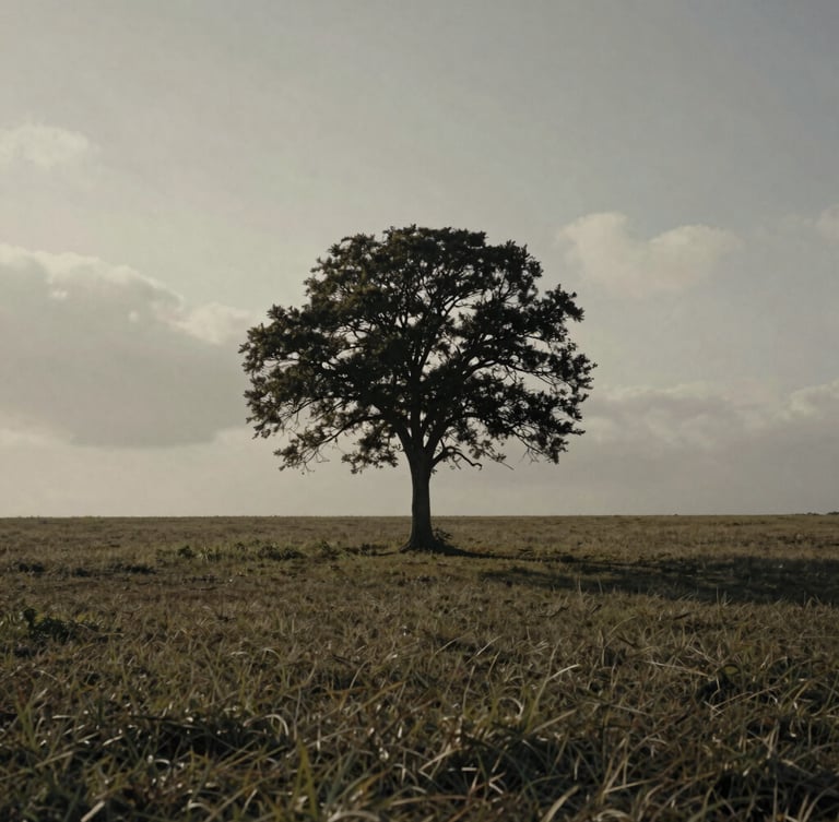 A solitary tree standing in an expansive, overcast field, dramatic side-shadows, muted desaturated olive and brown tones, cinematic film look
