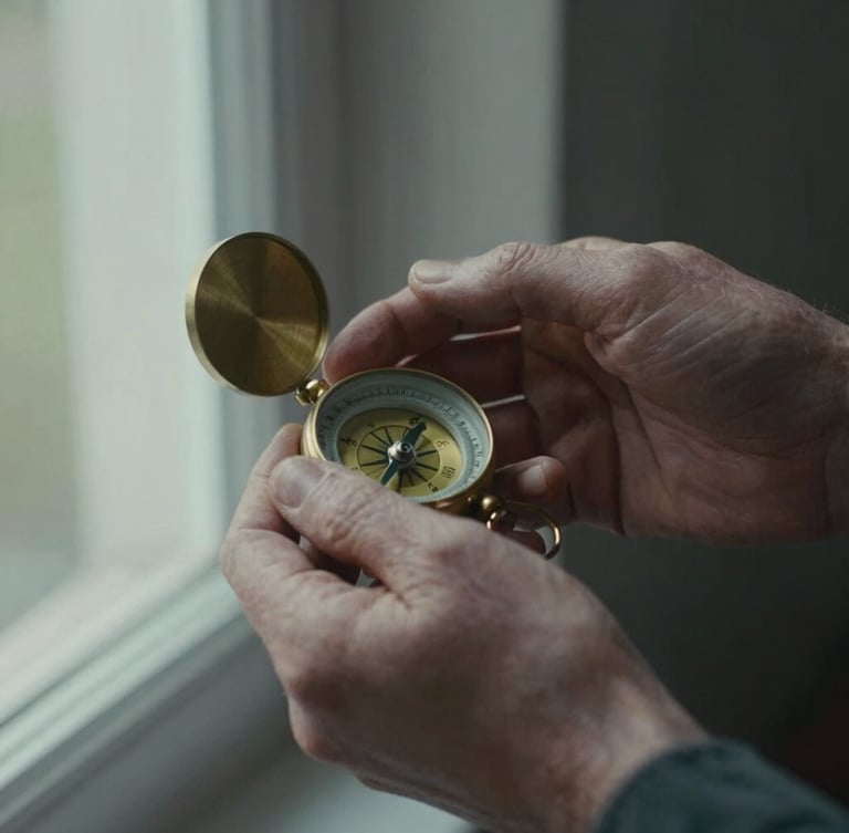 Intimate close-up of weathered hands holding an old brass compass under soft natural window light, cinematic film grain, muted tones