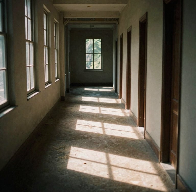 An empty hallway in an old estate, dramatic side-shadows casting geometric patterns on the dusty floor, warm afternoon light, cinematic film style, 35mm grain.
