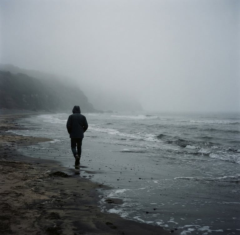 A solitary figure walking on a misty beach at dawn, soft overcast daylight, muted charcoal tones, cinematic 35mm film photography