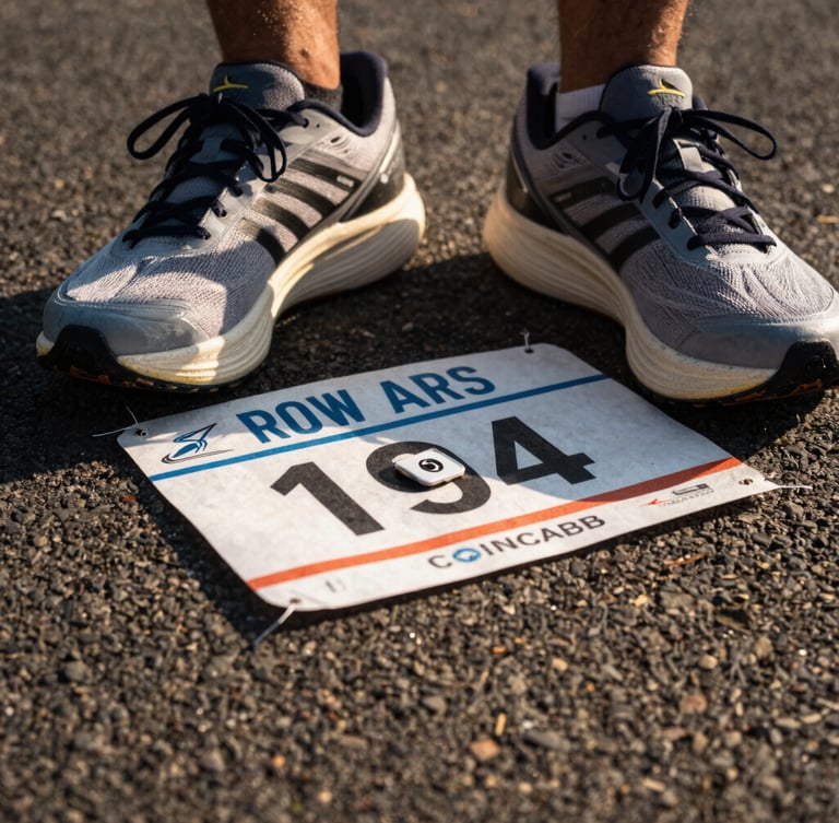 Close-up, low-angle shot of new running shoes, race bib, and timing chip laid out on rough asphalt, morning light, high contrast.