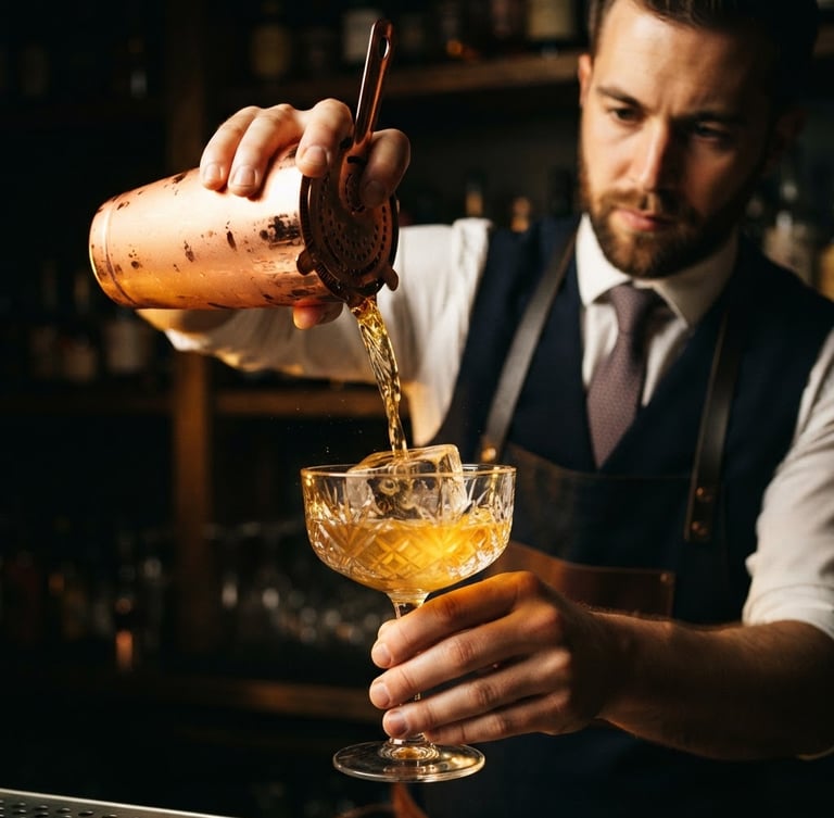 Dramatic close-up of a professional mixologist in sharp attire pouring a golden cocktail into a crystal glass, liquid motion visible, hand-carved ice, warm golden side-lighting, dark moody background, shallow depth of field.